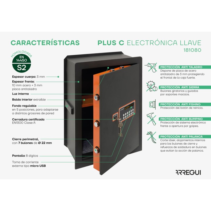 Caja Fuerte de Empotrar Plus C Electrónica+Llave | ARREGUI